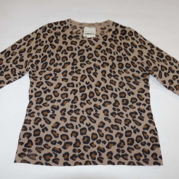 Cynthia Rowley Women's 100% Cashmere Crewneck Sweater Large Brown Leopard Print - Picture 1 of 5